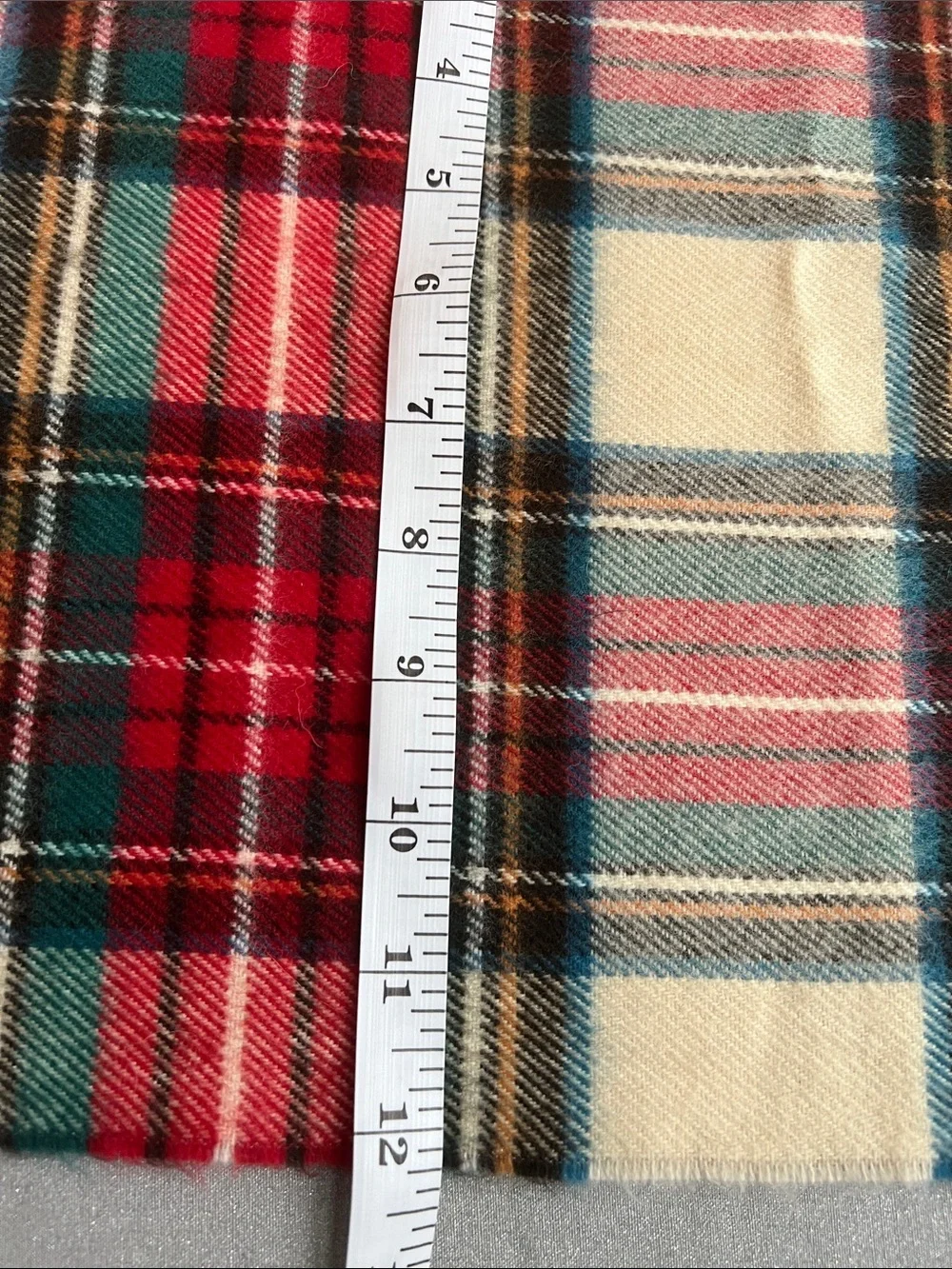 Classic Red Plaid Cream & Green Fringe Scarf Timeless Size 74” L x 12.25” W